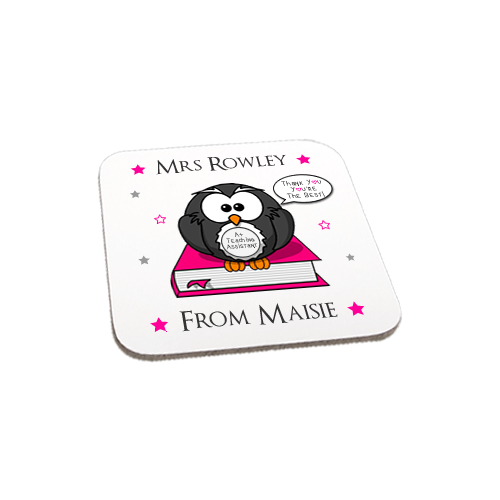 Personalised Pink Owl Thank You Teaching Assistant Gift Wooden Coaster